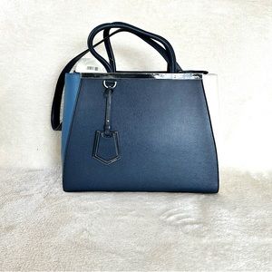 NWT Authentic Fendi 2 Jours Color Block Calf Leather Tote Bag Blue & White